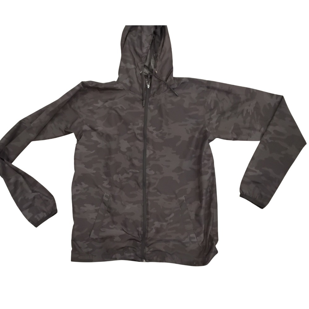 Burnside Mens Camo Windbreaker Jacket Black Charcoal Full Zip Hooded Small